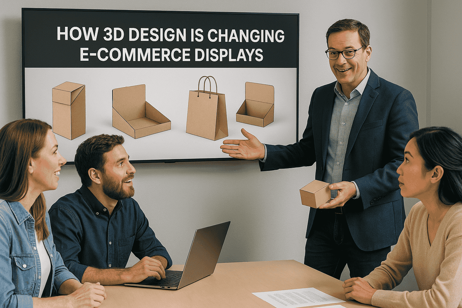 3D Design Is Changing E-Commerce Displays Rectangle Web Post A man gives a presentation on how 3D design is changing e-commerce displays to a small group.