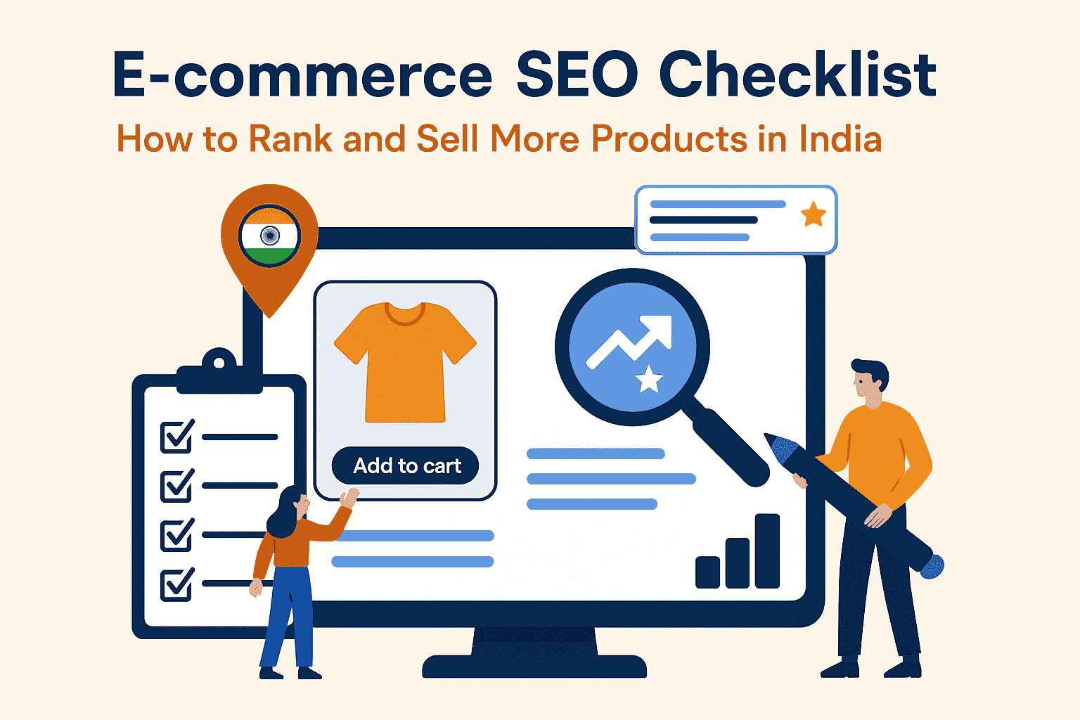 E-commerce SEO Checklist - How to Rank and Sell More Products in India Post The illustration depicts an e-commerce SEO checklist for boosting product sales in India, showing two people working on a computer display with various data points.