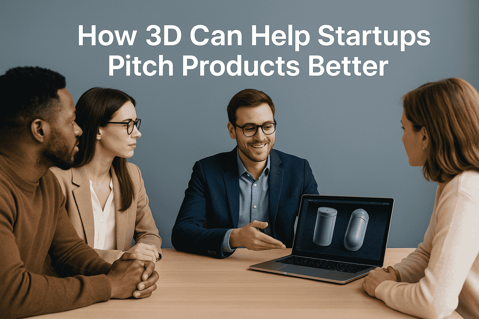 How 3D Can Help Startups Pitch Products Better Rectangle Post A man is pitching a product design to two potential investors using a 3D model displayed on a laptop.