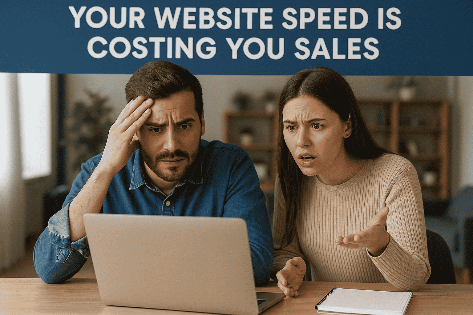 Your Website Speed Is Costing You Sales Post The image shows a man and a woman sitting at a wooden table, looking intensely at a laptop positioned between them. The man, with dark hair and a beard, has his hand on his forehead, appearing stressed and concerned. His expression is one of worry and frustration. He's wearing a blue denim shirt. The woman, with long brown hair, has a shocked and anxious expression, her mouth slightly open. Her eyebrows are furrowed, and she's gesturing with her right hand, as if expressing disbelief or frustration. She's wearing a light beige, ribbed sweater. A blank notepad lies on the table to the woman's right.