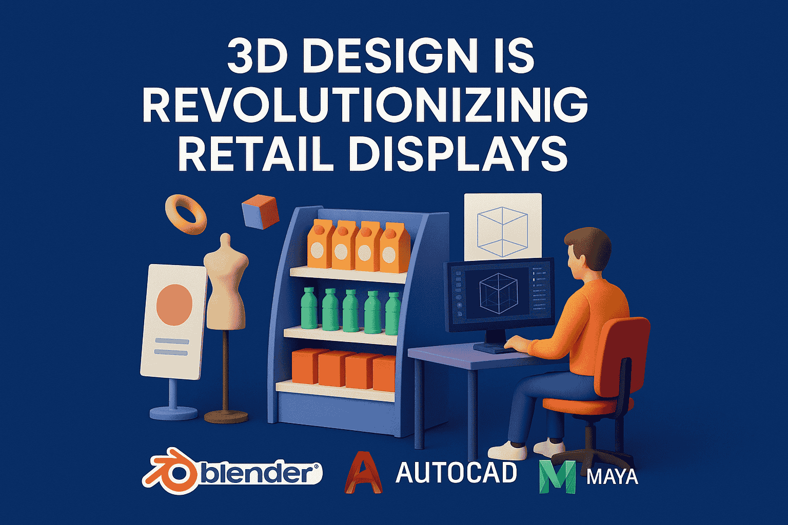 3D Design Is Revolutionizing Retail Displays Post A vibrant 3D-rendered illustration depicts a designer using computer-aided design software to revolutionize retail displays, showcasing the impact of 3D design on modern retail environments.