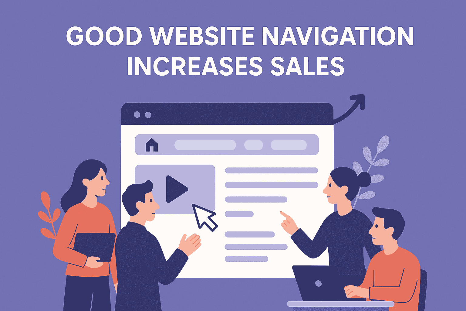 The illustration depicts a team brainstorming website improvements, emphasizing how good website navigation boosts sales.