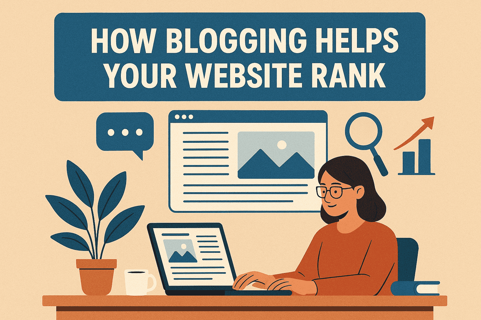 How Blogging Helps Your Website Rank Post The illustration depicts a woman working on her laptop, creating blog content to improve her website's ranking, highlighting the positive impact of blogging on SEO.