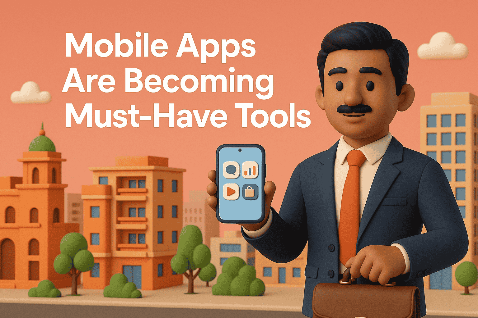 Mobile Apps Are Becoming Must-Have Tools Post A stylized 3D cartoon depiction of a businessman proudly displays a smartphone showcasing various mobile apps, emphasizing their growing importance as essential tools in a modern, urban setting.
