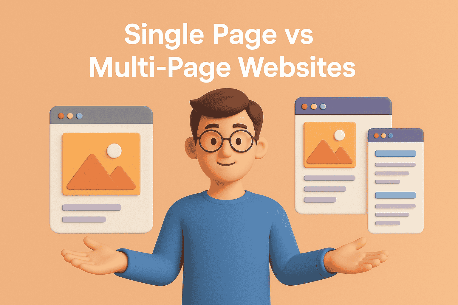 Single Page vs Multi-Page Websites Post A 3D-rendered illustration compares single-page and multi-page websites, showing a friendly cartoon man presenting a single-page website design on one hand and a multi-page website design on the other.