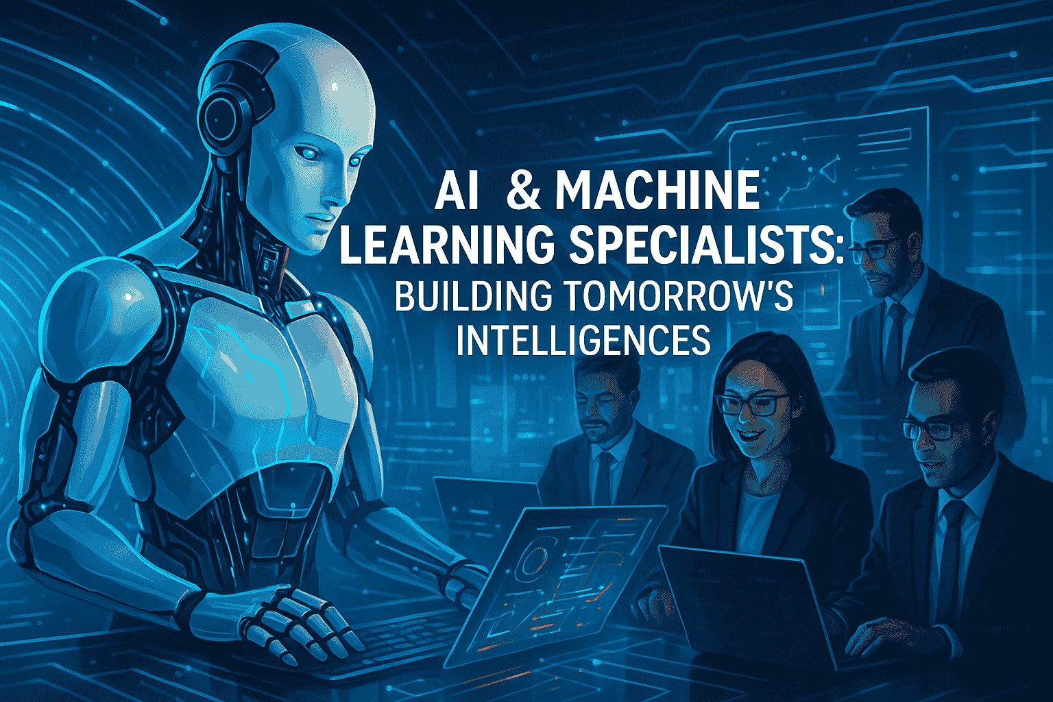 AI & Machine Learning Specialists - Building Tomorrows Intelligences Post A stylized illustration depicts a humanoid robot and a team of AI and machine learning specialists working collaboratively on laptops, symbolizing the building of future intelligences.