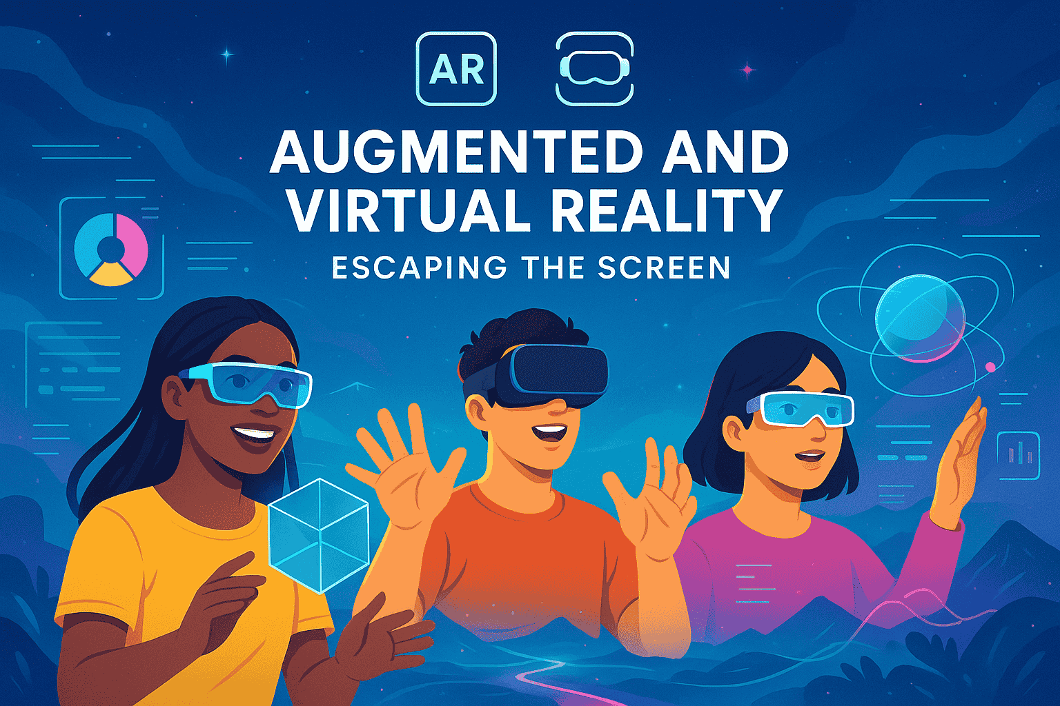 Augmented and Virtual Reality - Escaping the Screen Post A vibrant illustration depicts three diverse children excitedly experiencing augmented and virtual reality, interacting with digital elements against a backdrop of a stylized landscape.