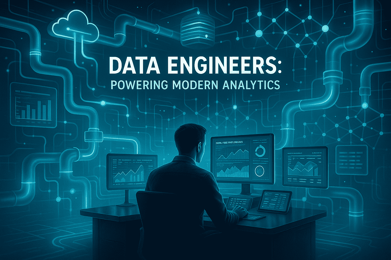 The image depicts a data engineer working at a desk surrounded by a futuristic, glowing network illustrating the power of data engineers in modern analytics.
