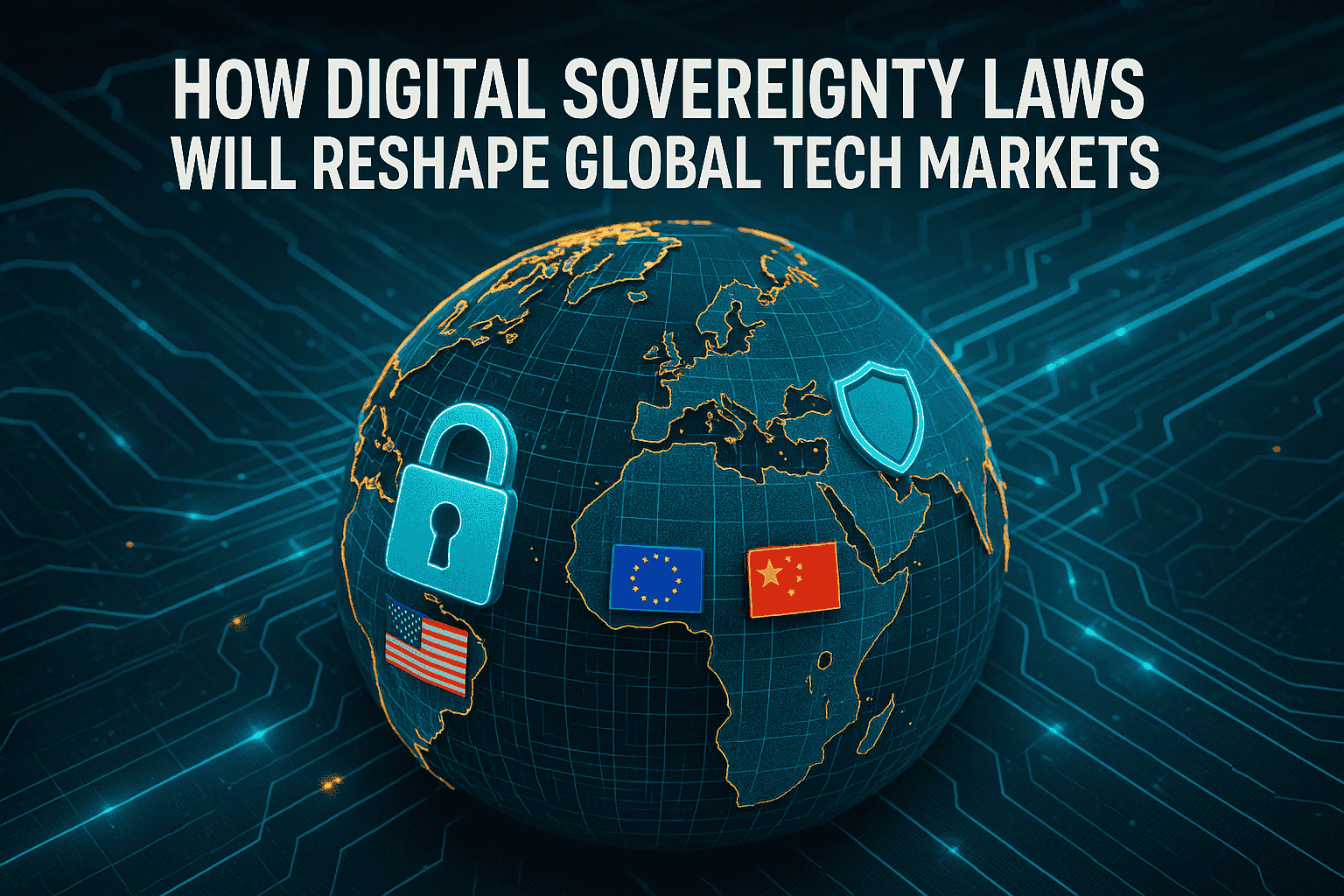 How Digital Sovereignty Laws Will Reshape Global Tech Markets Post The image illustrates how digital sovereignty laws may reshape global tech markets, represented by a stylized globe adorned with security symbols and national flags against a tech-circuit background.