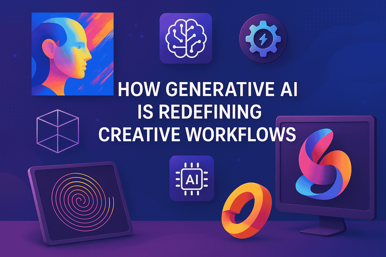 How Generative AI Is Redefining Creative Workflows Post The image is a stylized graphic illustrating how generative AI is revolutionizing creative workflows, shown through various abstract symbols related to technology, creativity, and AI processing.