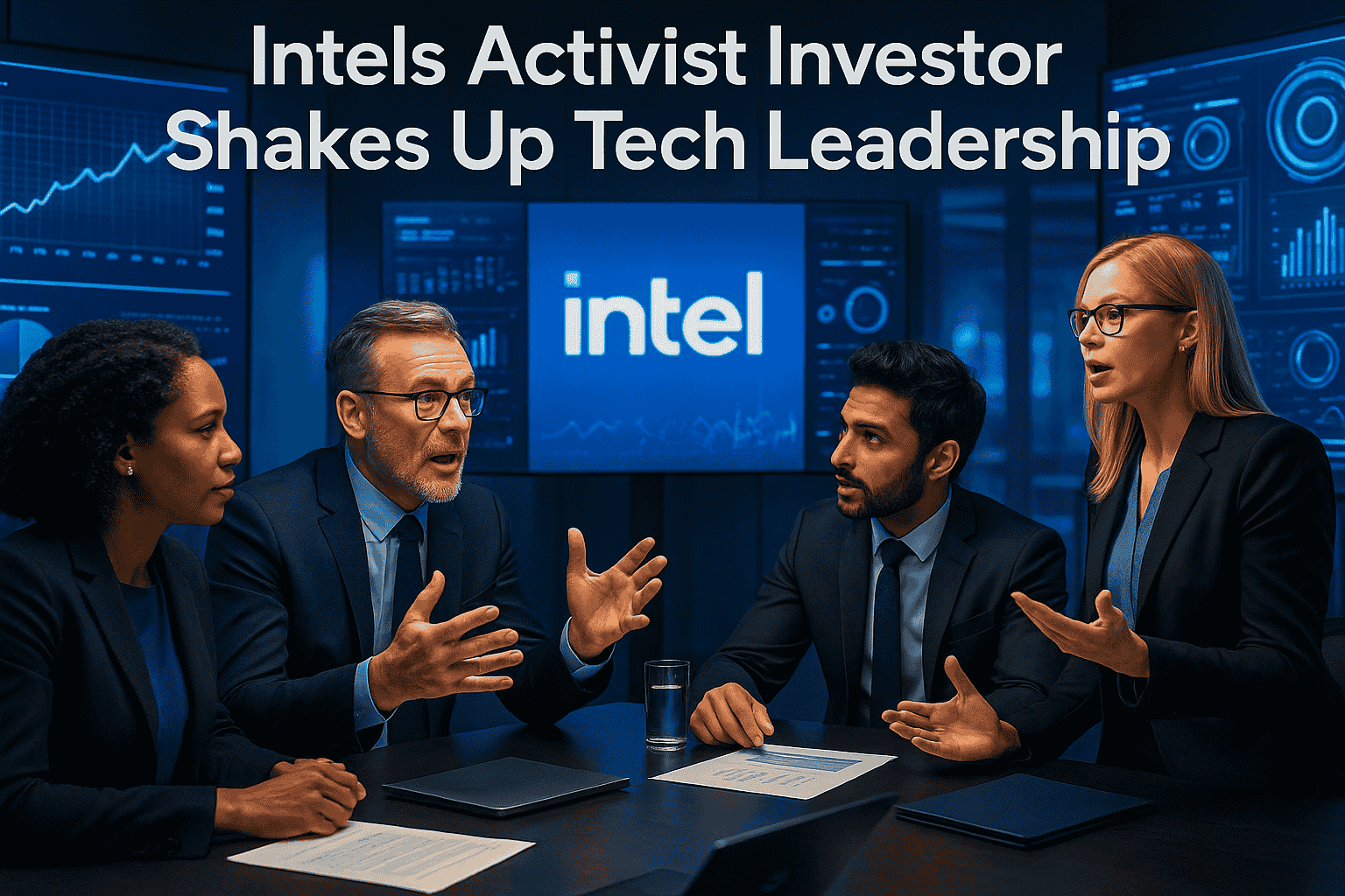 Intel’s Activist Investor Shakes Up Tech Leadership Post Four diverse business professionals are engaged in a serious discussion around a conference table, with Intel-related visuals in the background.