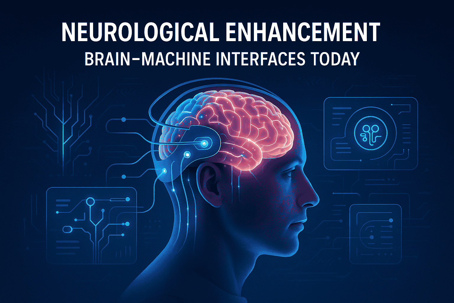 Neurological Enhancement - Brain–Machine Interfaces Today Post The image depicts a futuristic concept of neurological enhancement through brain-machine interfaces, showcasing a human head with glowing neural pathways connected to technological circuitry and data displays.