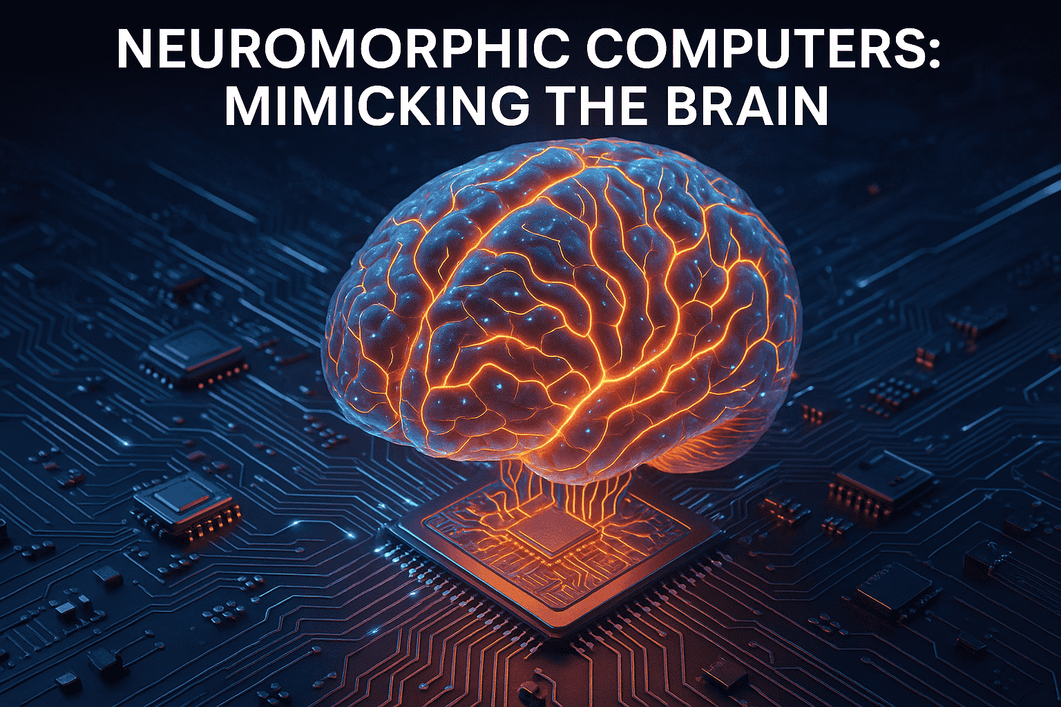 Neuromorphic Computers - Mimicking the Brain Post The image depicts a glowing, three-dimensional human brain positioned atop a computer microchip, symbolizing the concept of neuromorphic computing and its aim of mimicking the brain's functionality.