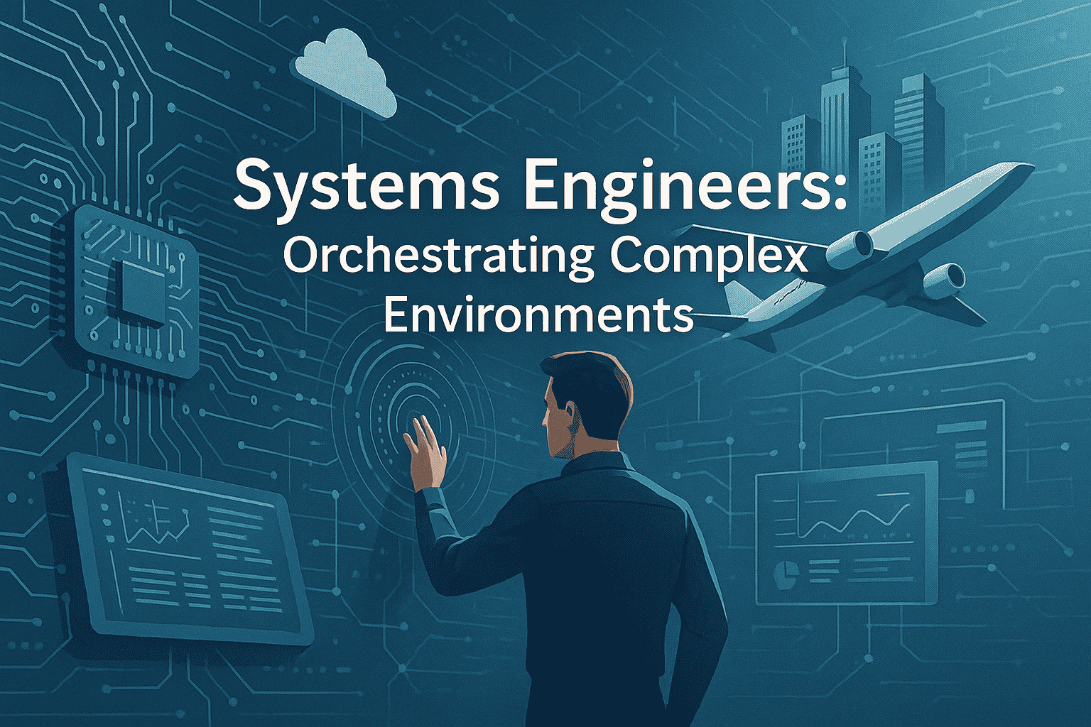 Systems Engineers - Orchestrating Complex Environments Post The illustration depicts a systems engineer interacting with a complex digital interface representing various technological systems, symbolizing their role in managing and coordinating intricate environments.