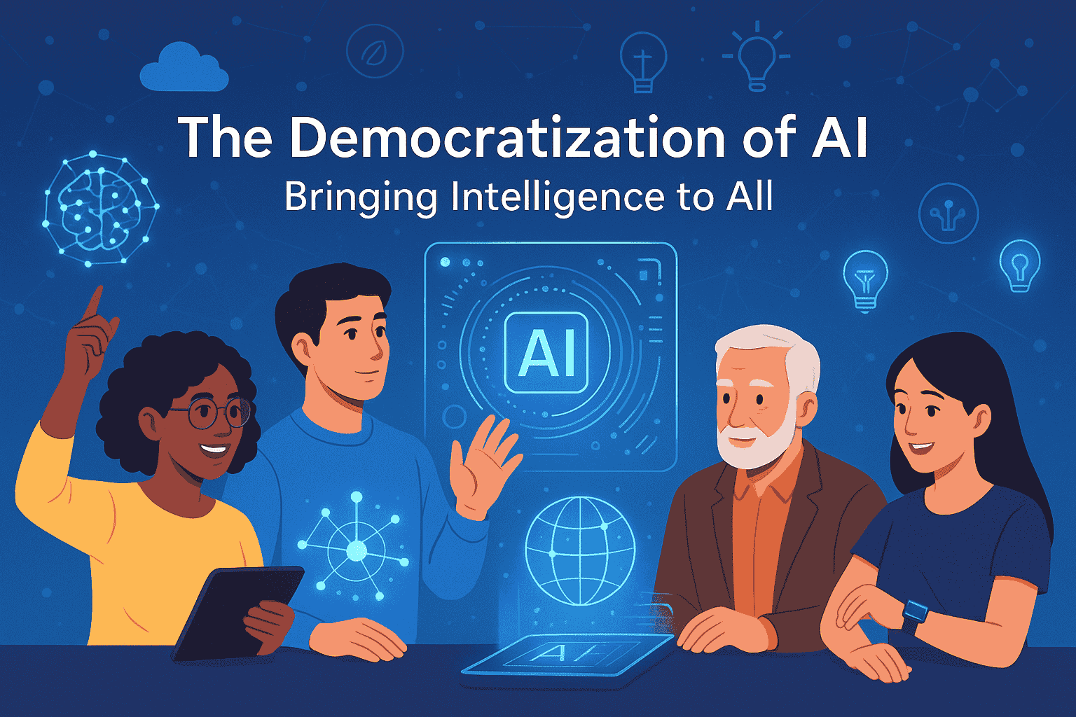 The Democratization of AI - Bringing Intelligence to All Post A digital illustration showcases a group of diverse individuals gathered around a table, interacting with projected images representing the democratization of AI.