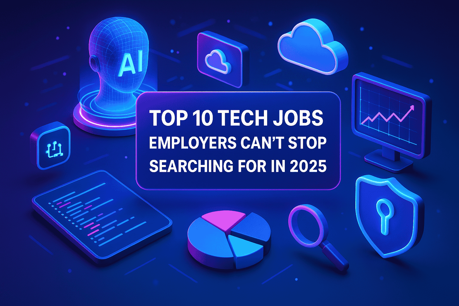 The image is a stylized 3D graphic depicting the top ten tech jobs employers are actively seeking in 2025, symbolized by various tech icons, charts, and an AI head.