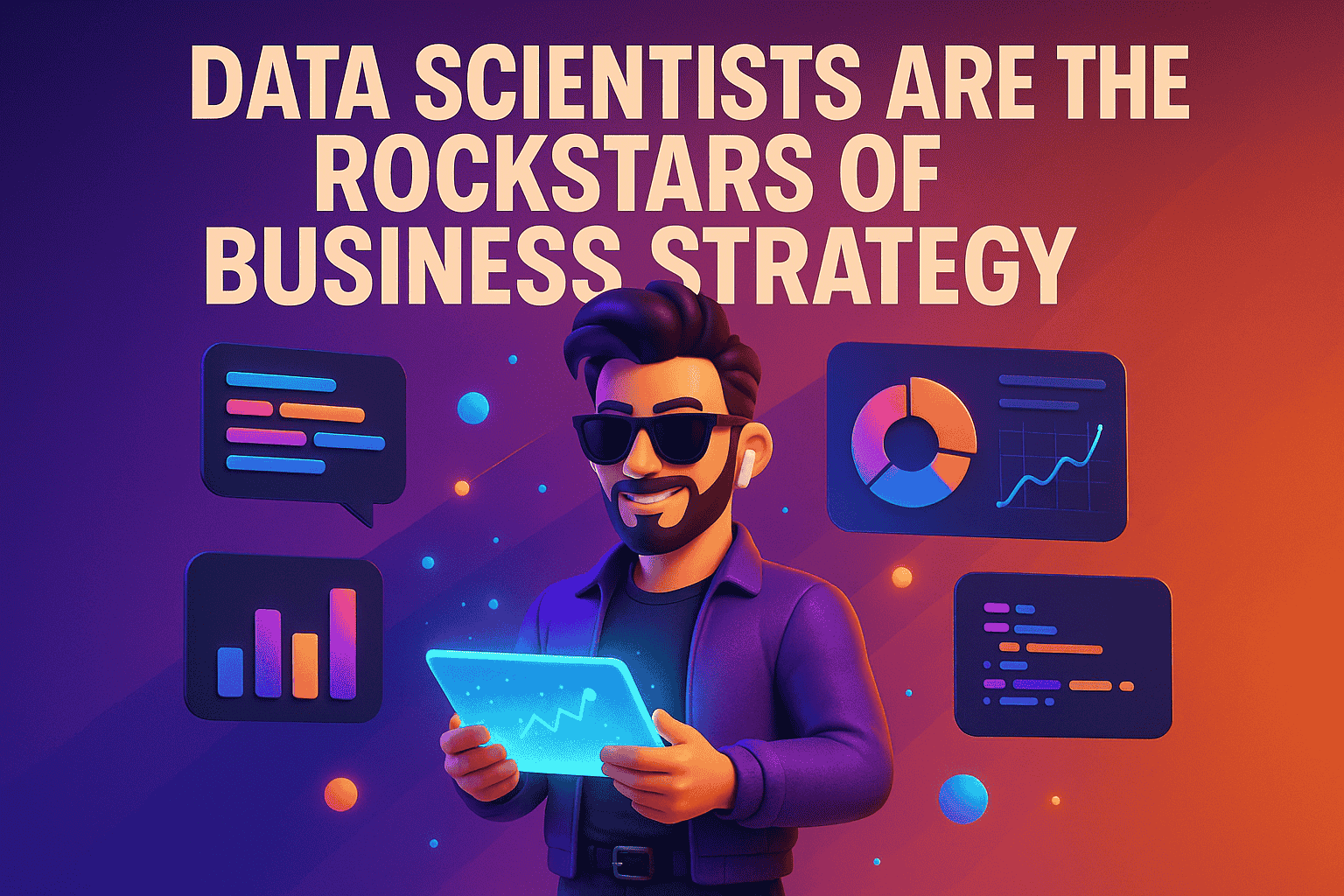 Why Data Scientists Are the Rockstars of Business Strategy Post A stylized 3D illustration depicts a confident data scientist, highlighted as a "rockstar of business strategy," using a tablet displaying data graphs amidst various data visualization icons.