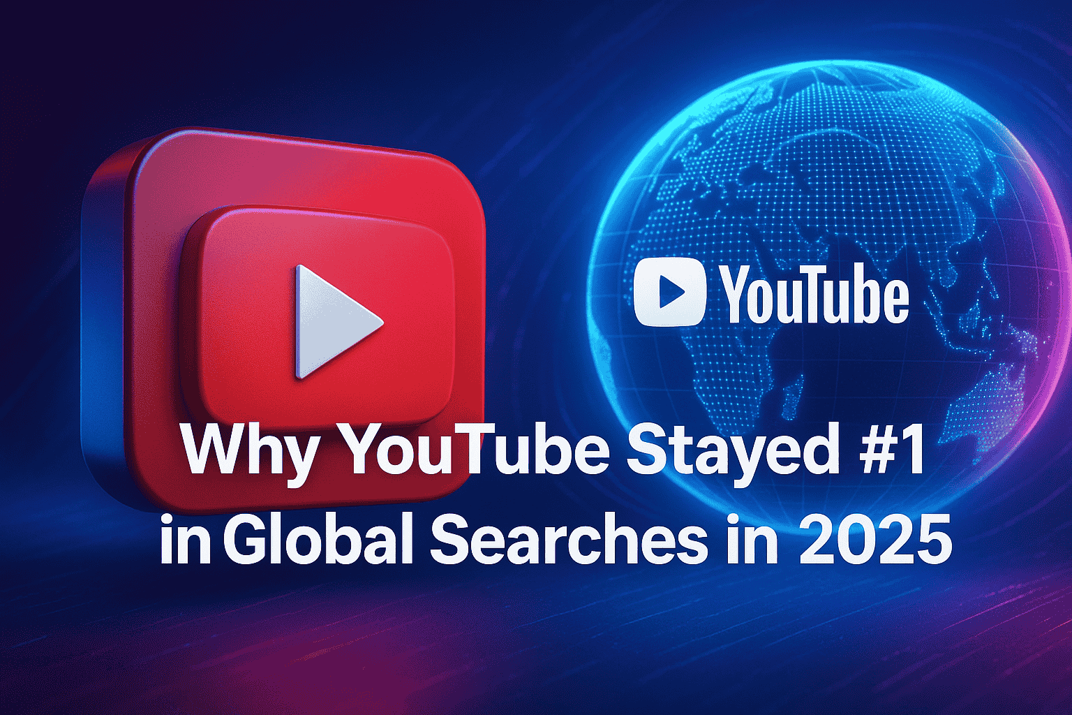 Why YouTube Stayed #1 in Global Searches in 2025 Post The image displays a vibrant composition against a gradient backdrop of deep blues and purples. On the left, two stacked, rounded-edge red squares, reminiscent of the YouTube play button, are visible, the top one displaying a white play triangle. White text overlays the red squares, reading "Why YouTube Stayed #1 in Global Searches in 2025." To the right, a glowing, dotted-line representation of the Earth is shown, with the YouTube logo and name prominently displayed on top of it. The overall atmosphere is modern and futuristic, with a focus on technology and global reach. The mood is optimistic and celebratory, highlighting YouTube's success and presence.