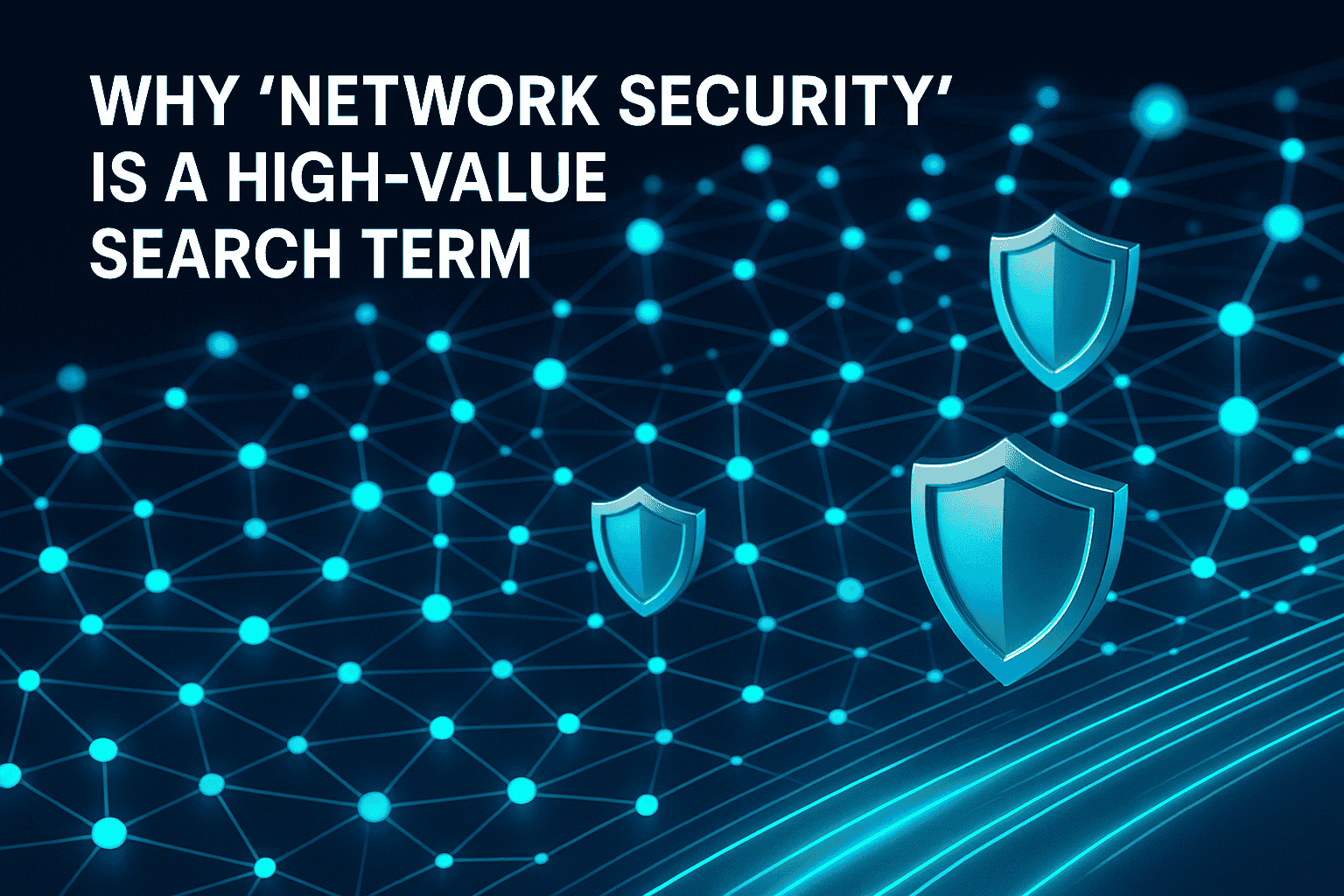 Why ‘Network Security' Is a High-Value Search Term Post The image promotes network security as a high-value search term with a graphic representation of connected nodes and security shields.
