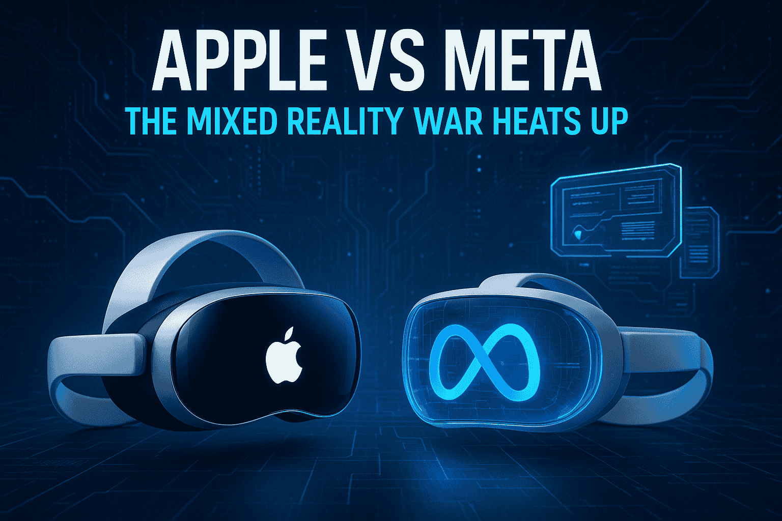 Apple vs Meta The Mixed Reality War Heats Up Post The image showcases the competition between Apple and Meta in the mixed reality market, represented by their respective VR headsets against a futuristic tech backdrop.