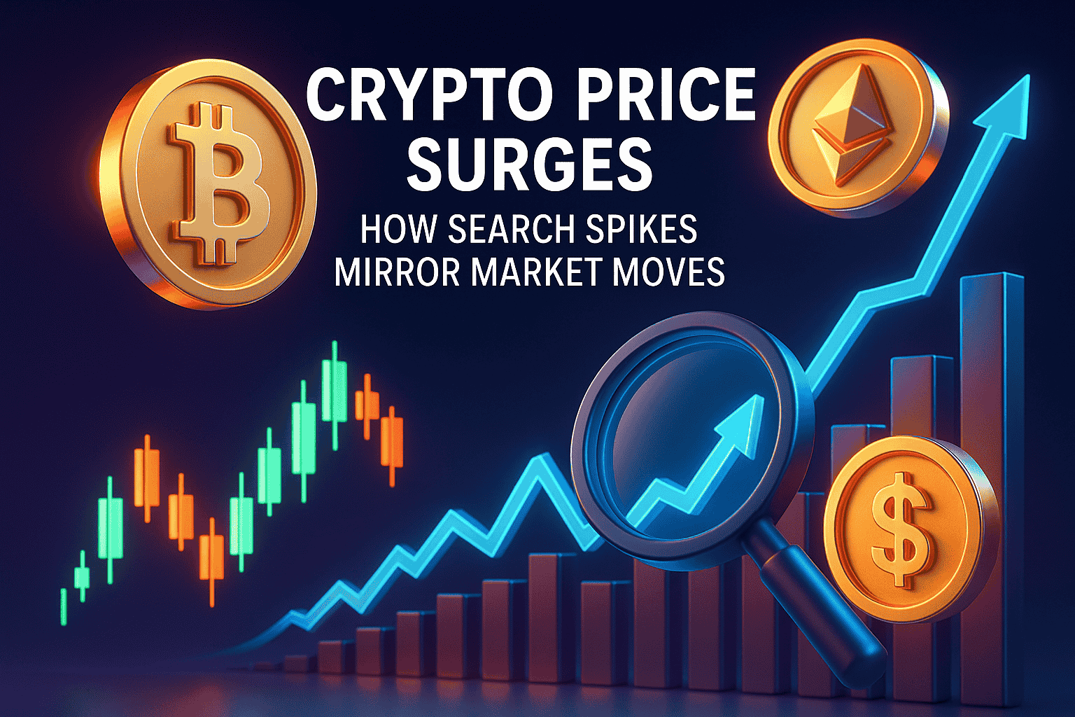 Crypto Price Surges - How Search Spikes Mirror Market Moves Post The image illustrates the surge in cryptocurrency prices and how search spikes reflect market trends.