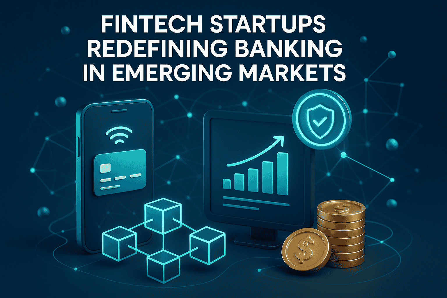 The image depicts the concept of Fintech startups redefining banking in emerging markets through modern technology and financial growth.