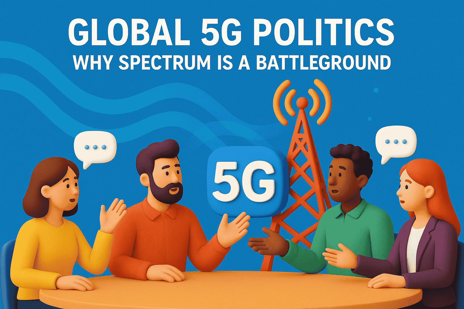 Global 5G Politics - Why Spectrum Is a Battleground Post The image illustrates a discussion about the global politics of 5G and why its spectrum is a battleground.