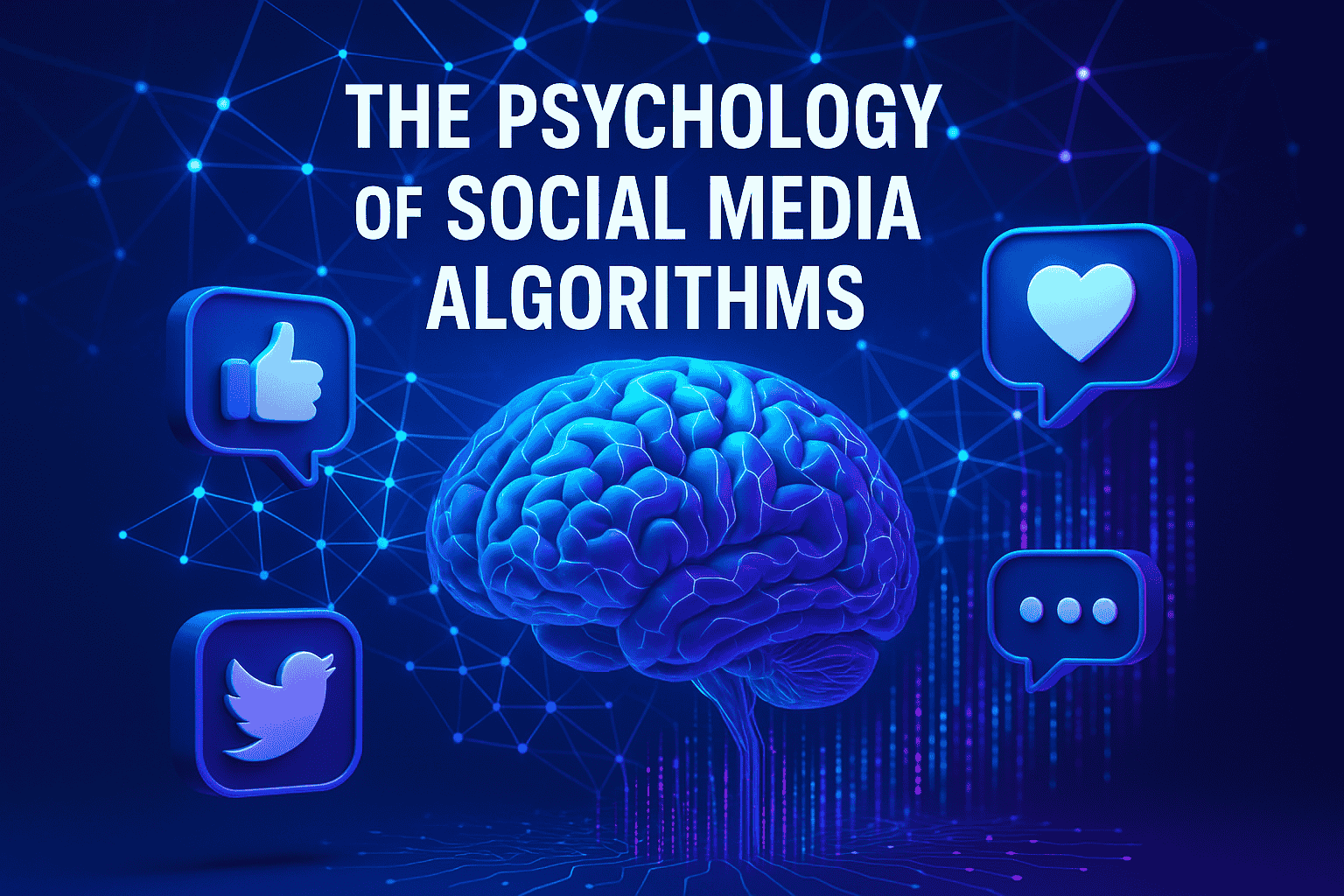 The Psychology of Social Media Algorithms Post The image illustrates the connection between the human brain and social media algorithms, symbolized by a brain surrounded by social media icons against a digital network backdrop.