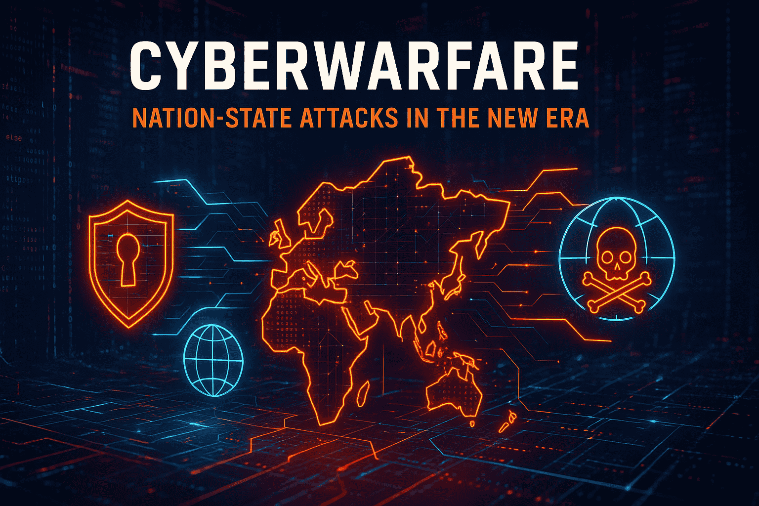 The image is set against a dark, electronic background with binary code subtly visible on the left side of the frame, reinforcing the digital theme. At the top, the bold text "CYBERWARFARE" is prominently displayed, followed by the subtitle "NATION-STATE ATTACKS IN THE NEW ERA."