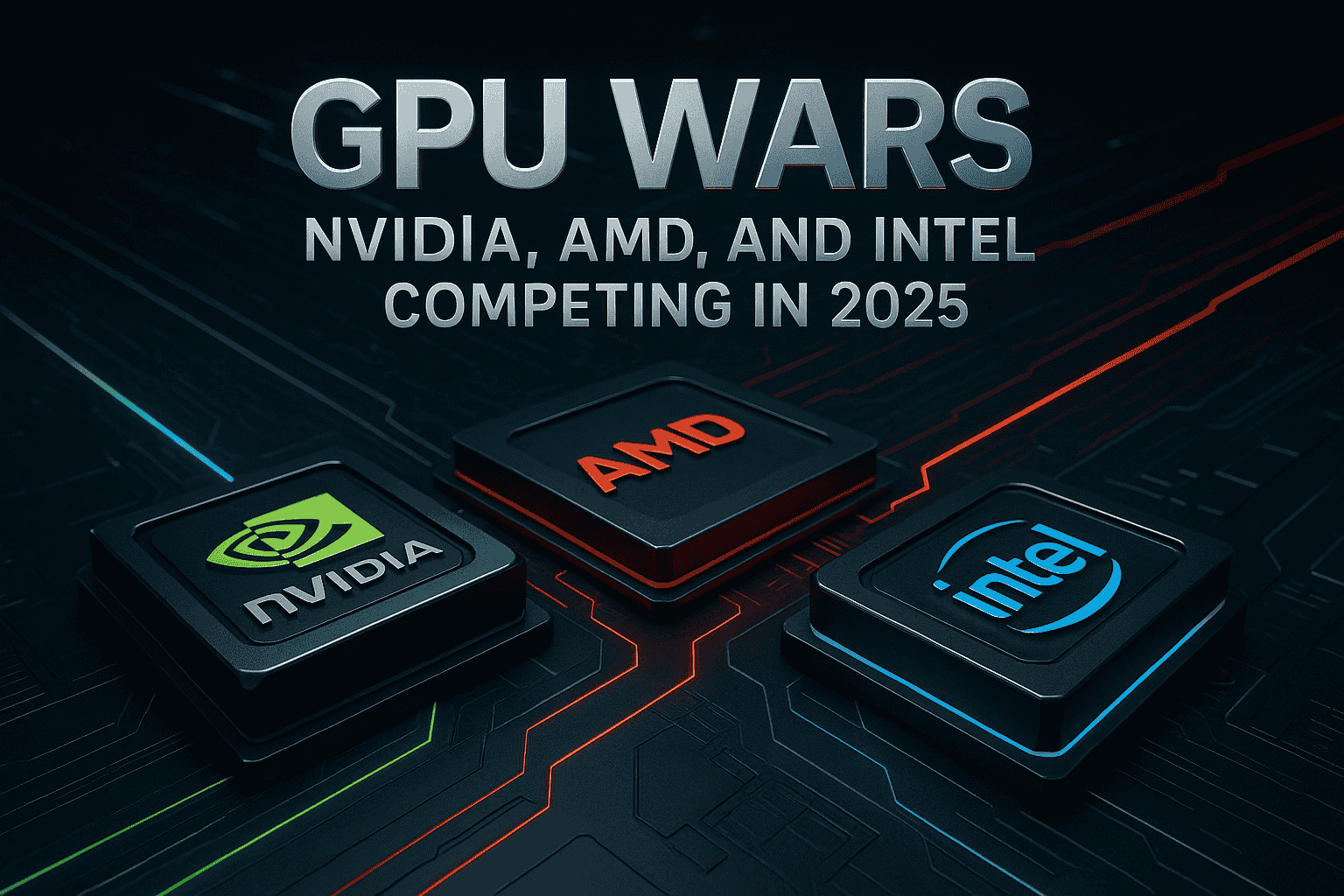 The image depicts a conceptual representation of the "GPU Wars" as it relates to Nvidia, AMD, and Intel competing in 2025, presented with their logos.
