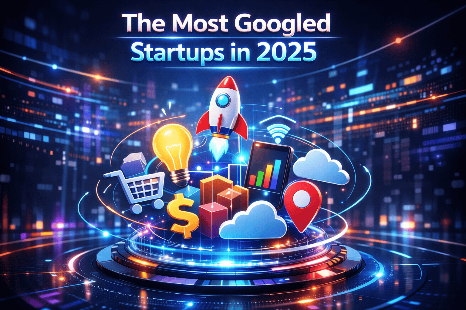 The image advertises "The Most Googled Startups in 2025" by visually representing key startup elements in a dynamic and futuristic arrangement.