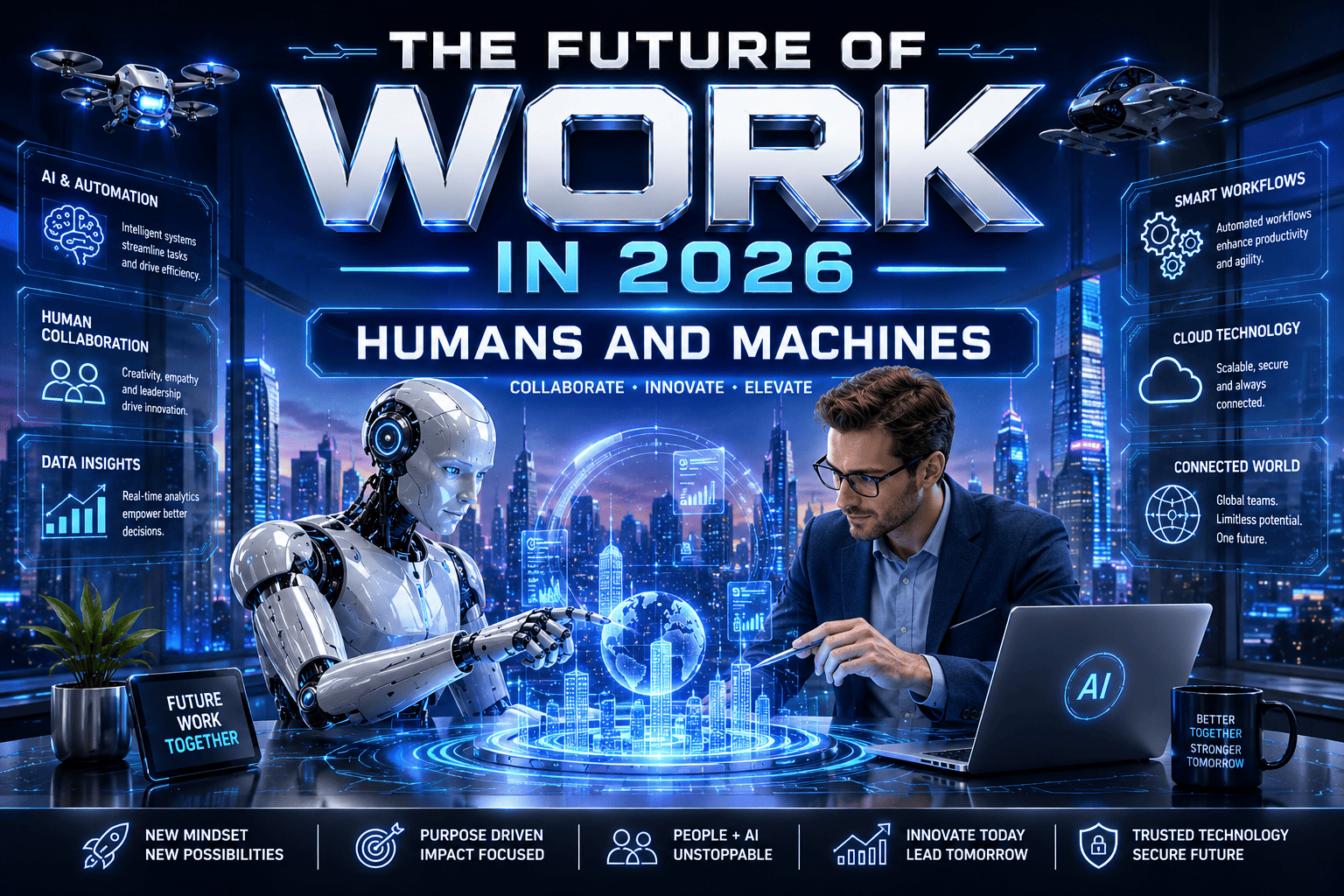 The image showcases a dynamic scene set against a backdrop of a sprawling, illuminated cityscape at night, characterized by towering skyscrapers and a slightly hazy atmosphere. Dominating the foreground is a human-robot collaboration, symbolizing the theme "The Future of Work in 2026: Humans and Machines." On the left, a sleek, humanoid robot with a white, metallic finish and intricate joint details is positioned, its head tilted downwards as if contemplating. In front of the robot is a glowing, holographic projection of a cityscape formed by blue light, with the robot appearing to interact with it. To the right of the robot, a human man, wearing glasses and a dark blue blazer over a white shirt, is seated at a desk, looking intently at a laptop. The laptop screen displays an "AI" logo. A robotic arm, also made of gleaming metal with multiple joints, extends from the right side of the frame, positioned behind the man and near the laptop, suggesting its integration into the work environment. On the desk, a black mug with the text "FUTURE WORK TOGETHER" is visible, along with a potted plant.