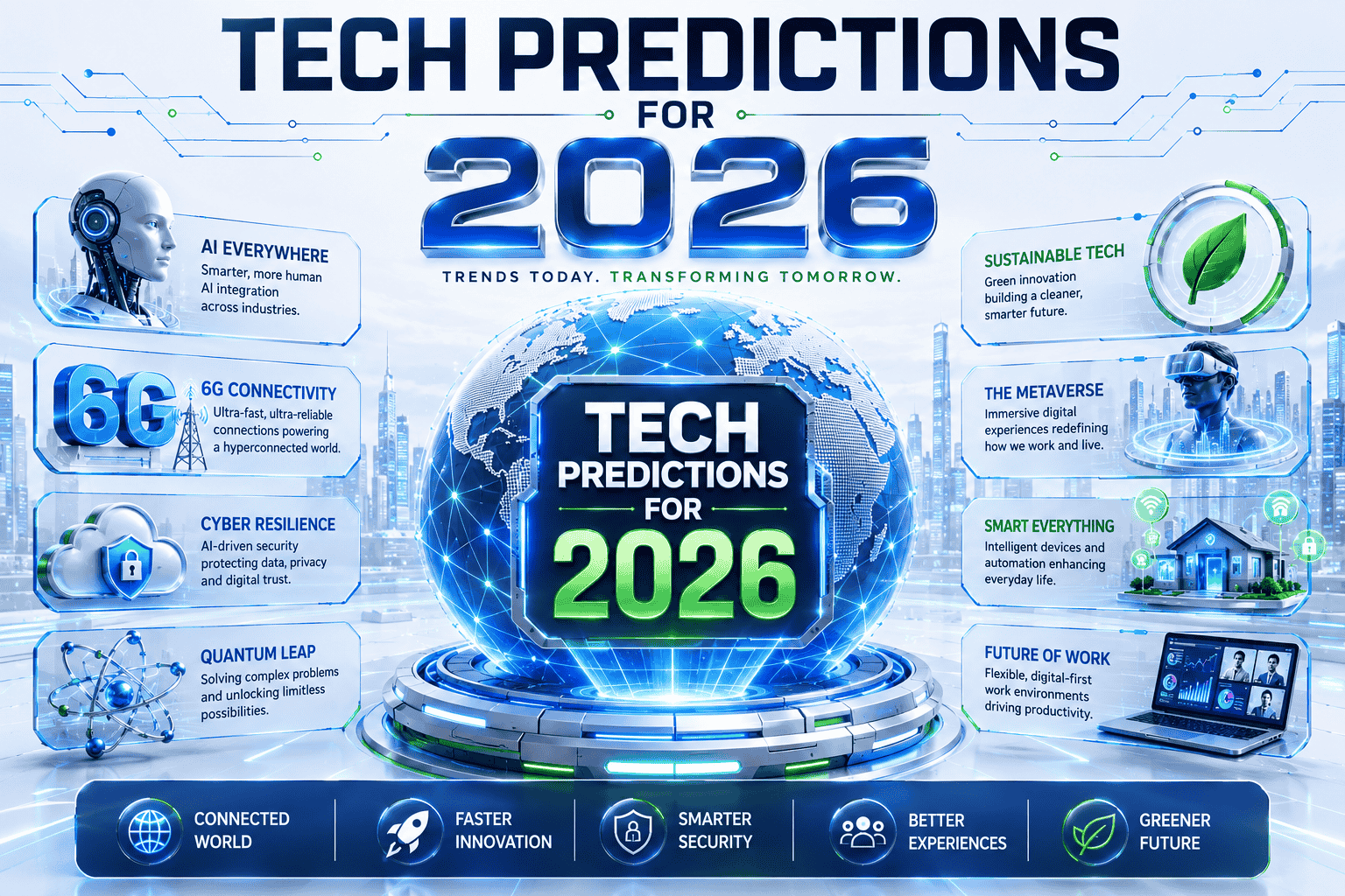 This image displays "Tech Predictions for 2026" with various technological trends such as AI Everywhere, 6G Connectivity, Cyber Resilience, Quantum Leap, Sustainable Tech, The Metaverse, Smart Everything, and Future of Work. It also features icons for Connected World, Faster Innovation, Smarter Security, Better Experiences, and Greener Future.